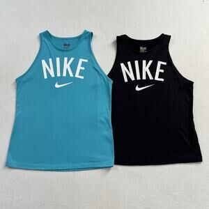 2 Nike Women Dri-Fit Blue Black Spell Out Swish Logo Athletic Tank Top Lot S